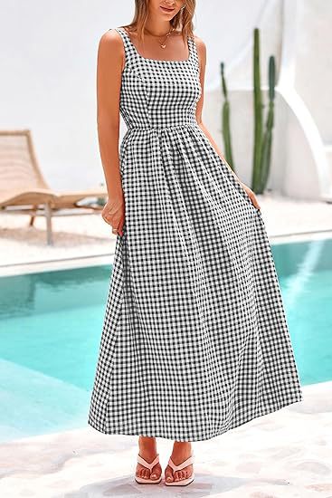 Black Striped Square Neck Cinched Waist Dress