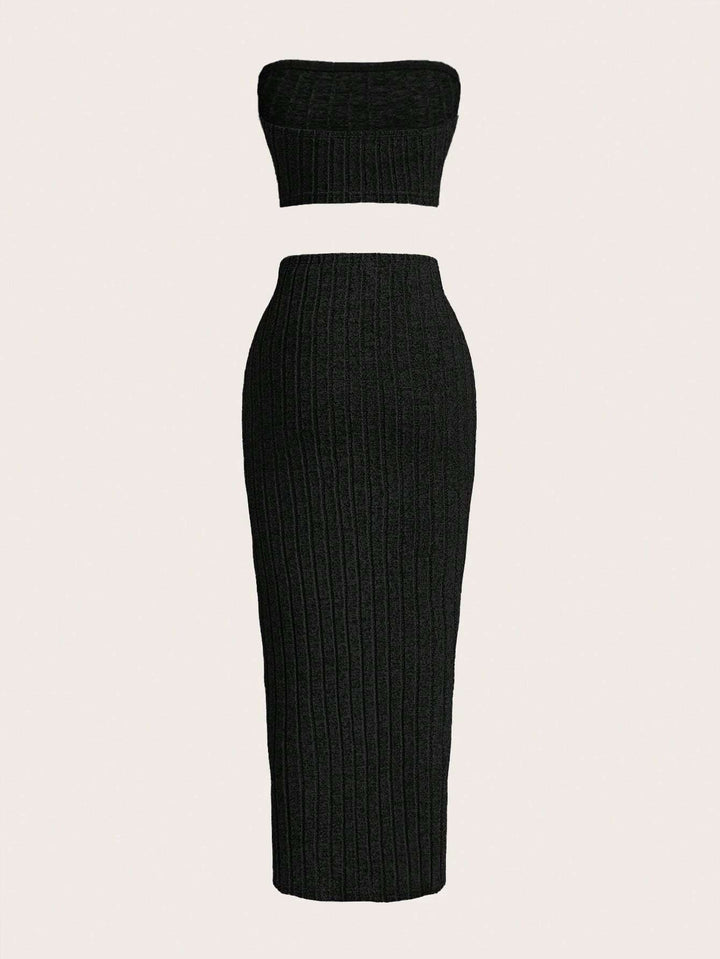 Black Off Shoulder Top And Fitted Midi Skirt