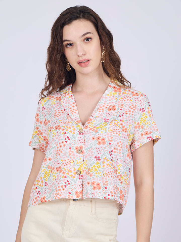 White Notch Collar Cropped Shirt