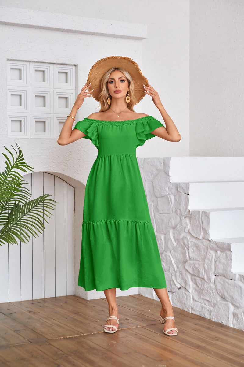 Green Solid Flutter Sleeved Empire Waist Smocked Dress