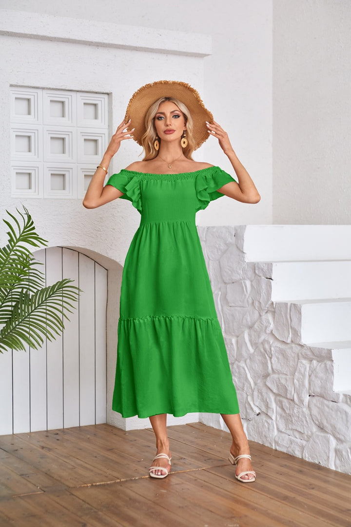 Green Solid Flutter Sleeved Empire Waist Smocked Dress