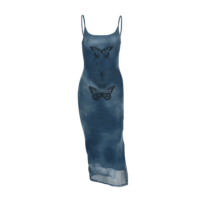 Blue Tie Dye Butterfly Print Slip Dress