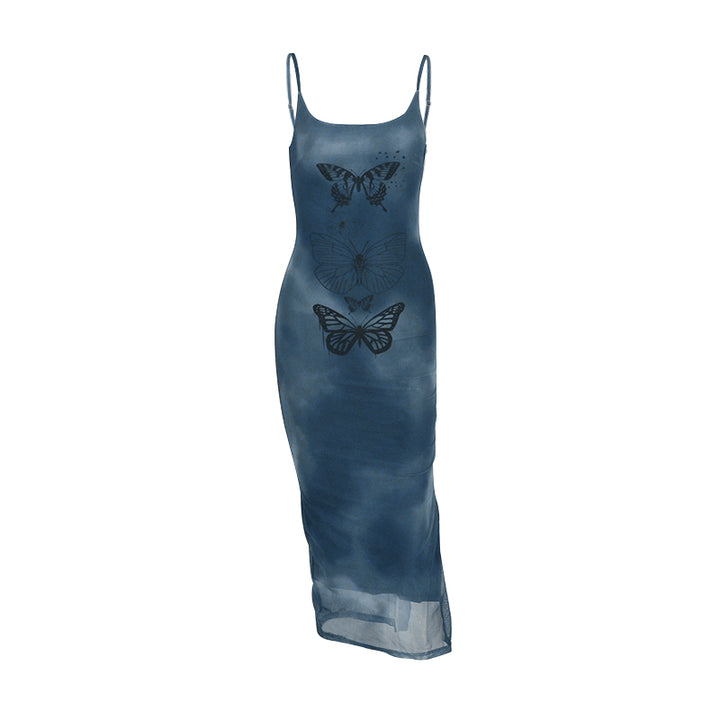 Blue Tie Dye Butterfly Print Slip Dress