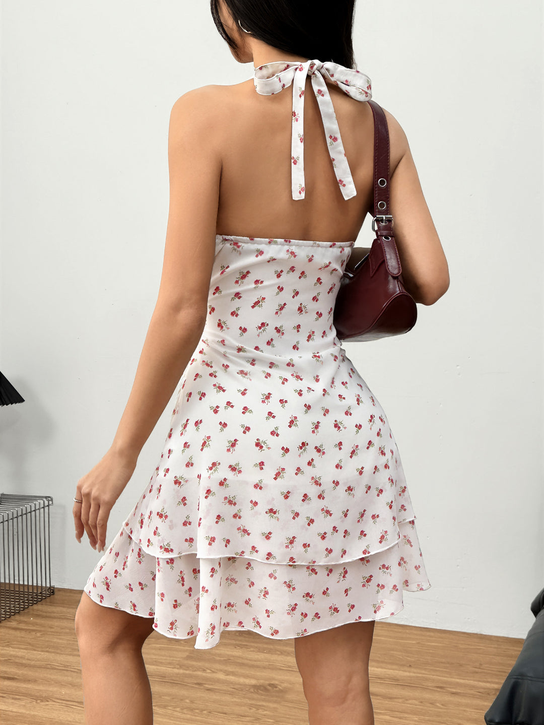 White Printed Halter Neck Double Flap  Dress