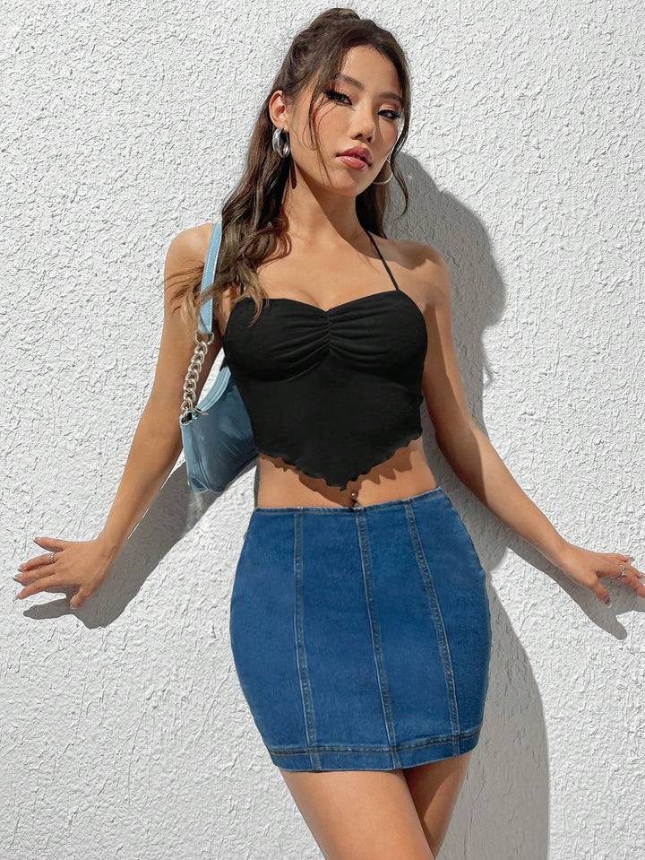 Black Halter Neck Front Ruched Top