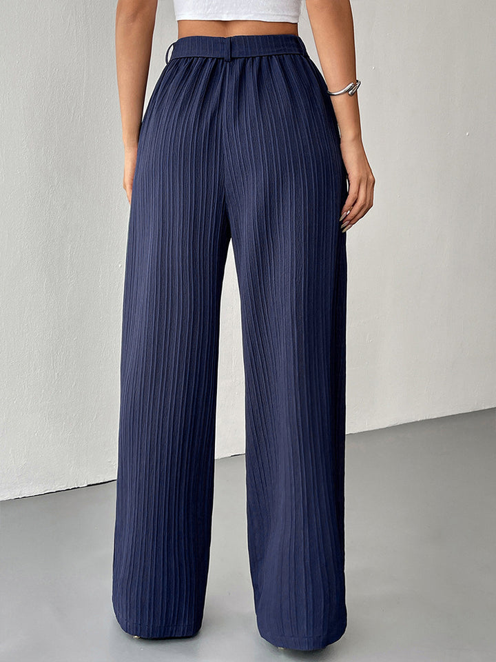 Navy Blue Crinkled Drawstring Wide-Leg Pants