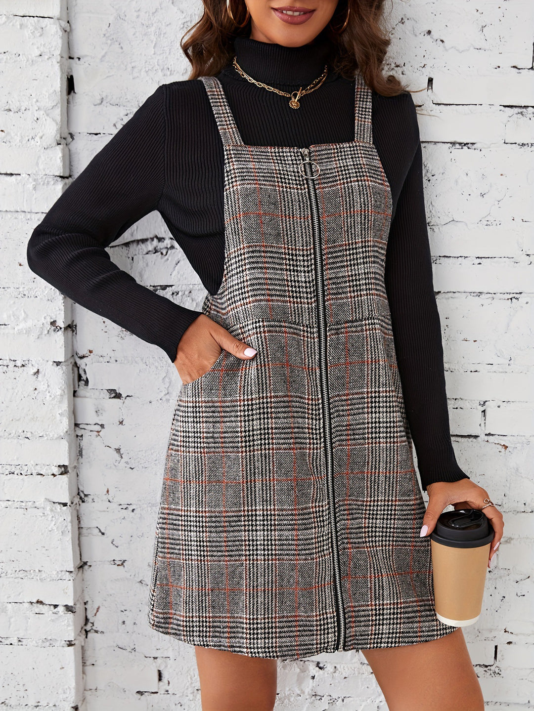 Grey Checkered Zipper Pinafore Dress