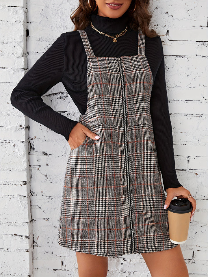 Grey Checkered Zipper Pinafore Dress