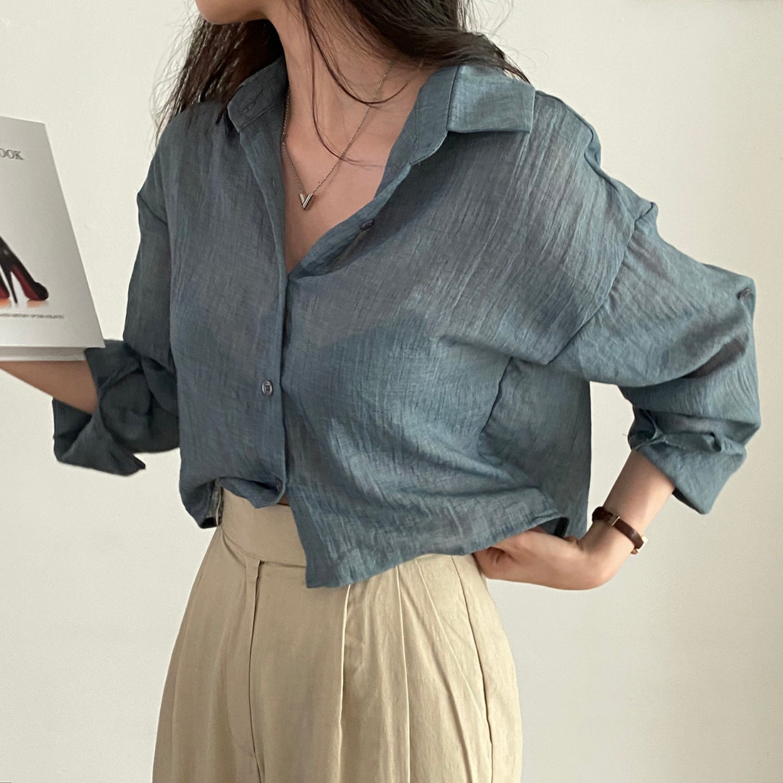 Charcoal Textured Solid Sheer Shirt