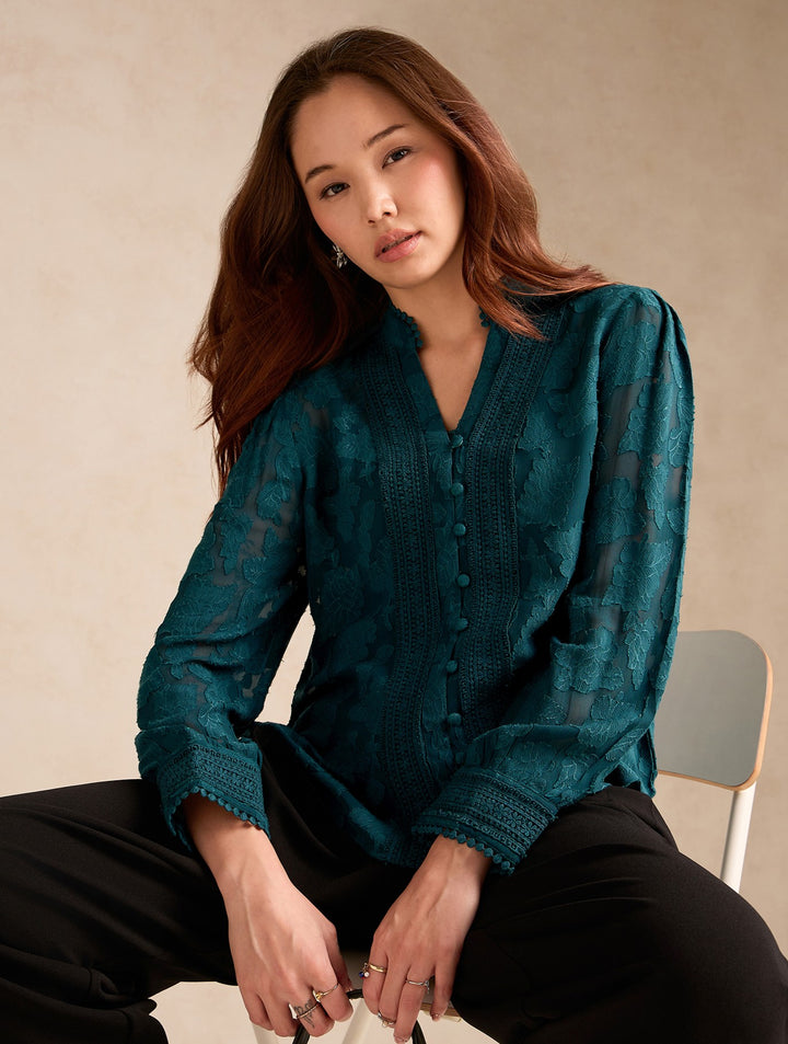Teal Regular Fit Burnout Fabric Blouse With Lace Details
