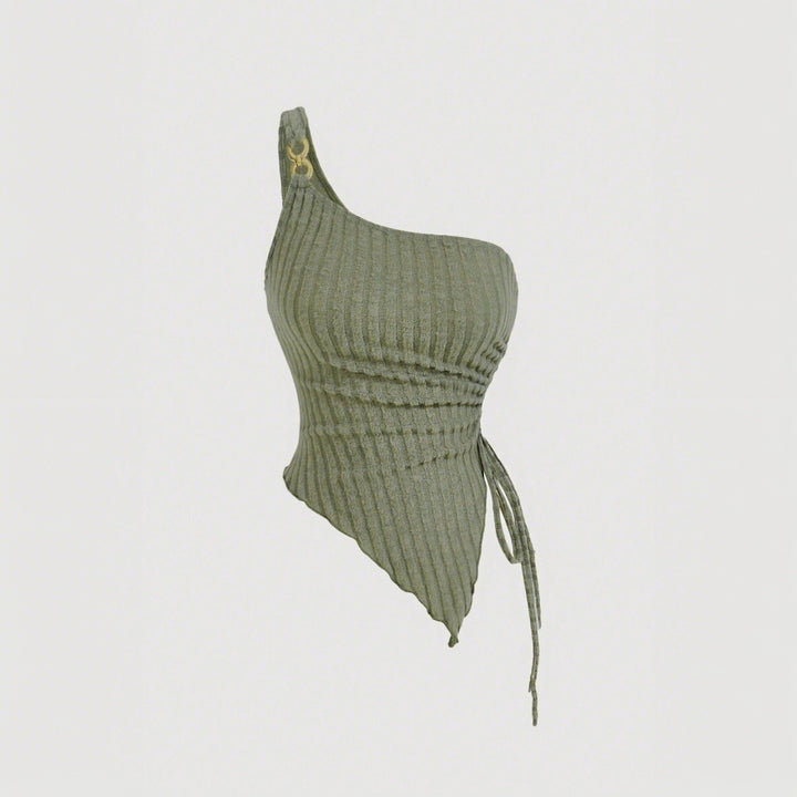Green One Shoulder Side Ruched Tank