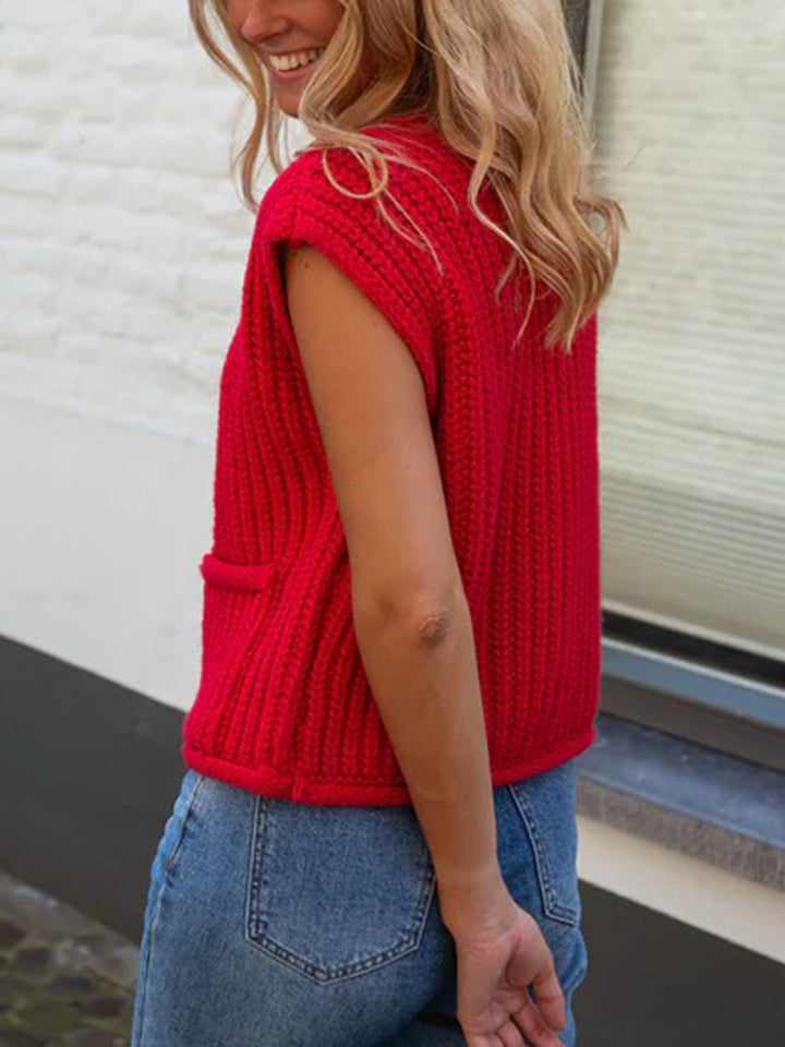 Red Sleeveless Solid  Cardigan