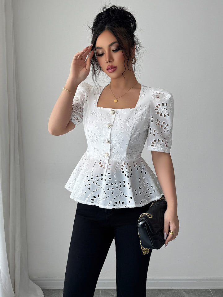 White Schiffly Peplum Top