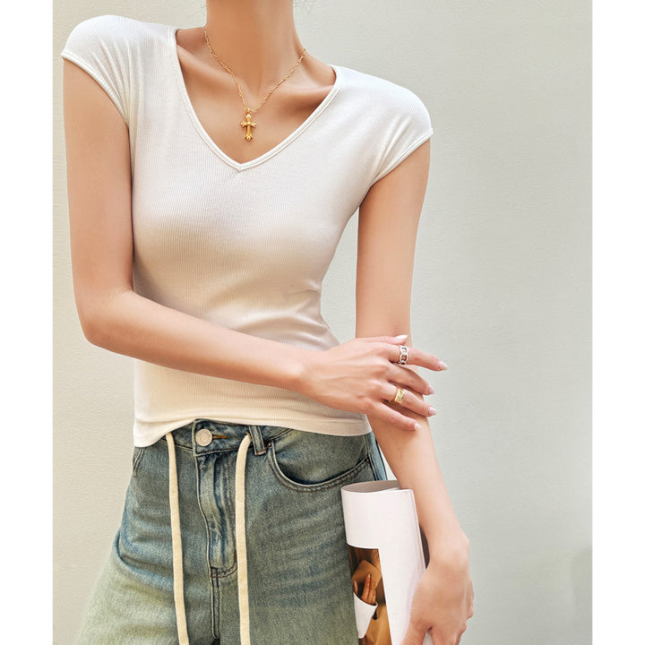 White V-Neck Cap Sleeves T-Shirt