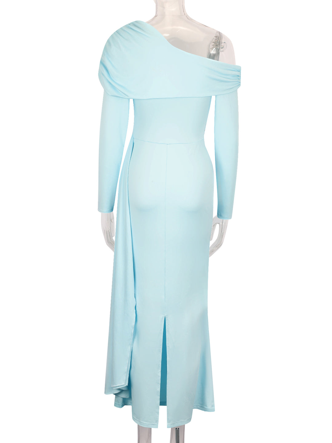 Blue One shoulder cowl neck side wrap dress