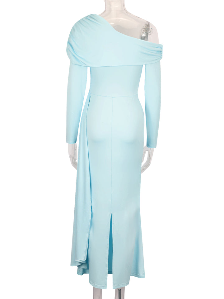 Blue One shoulder cowl neck side wrap dress