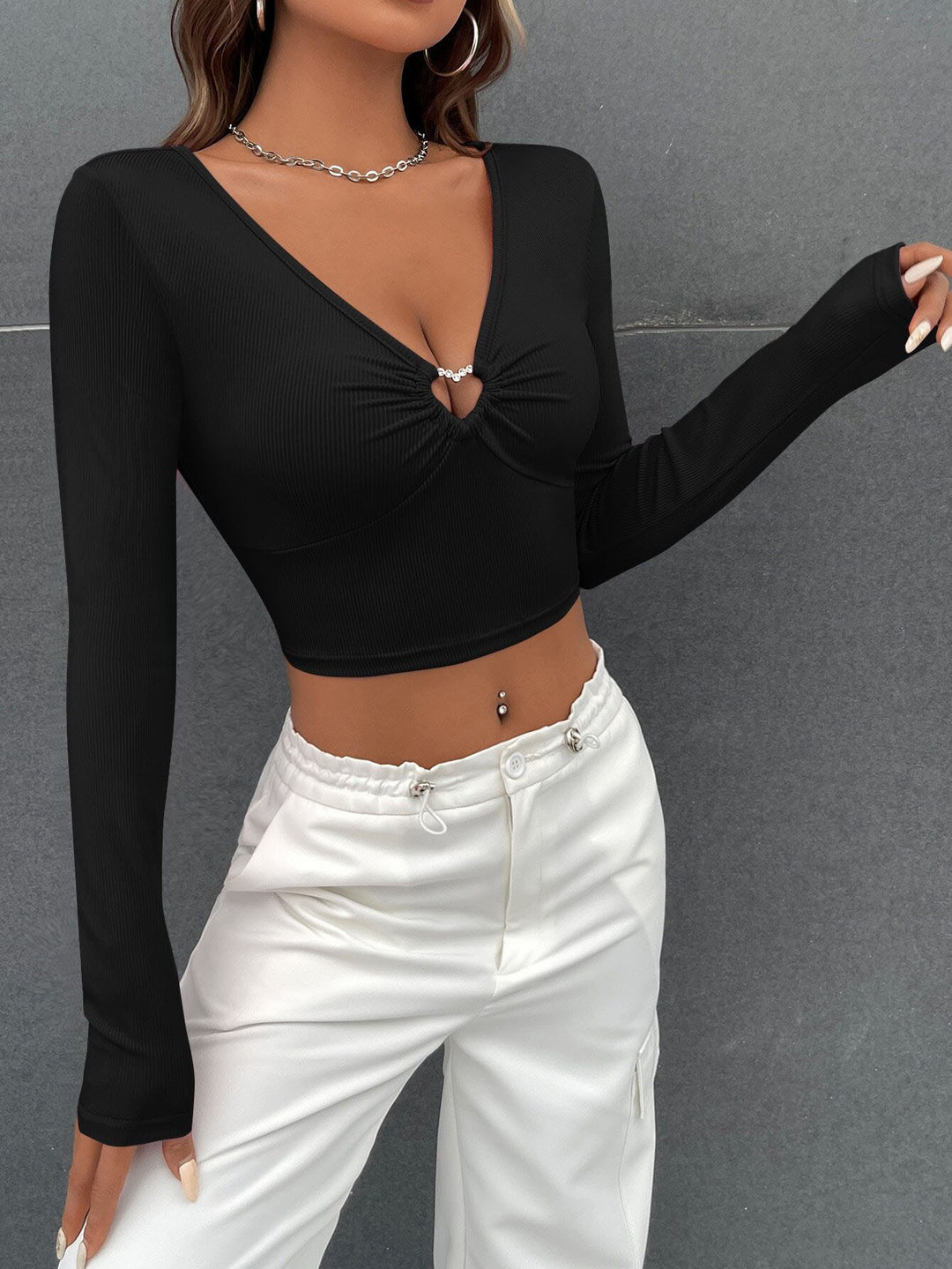 Black Full Sleeve Front Buckle Top