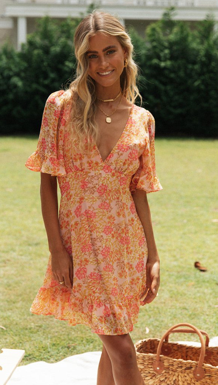 Orange Deep V Neck Printed Flutter Sleeves Dress