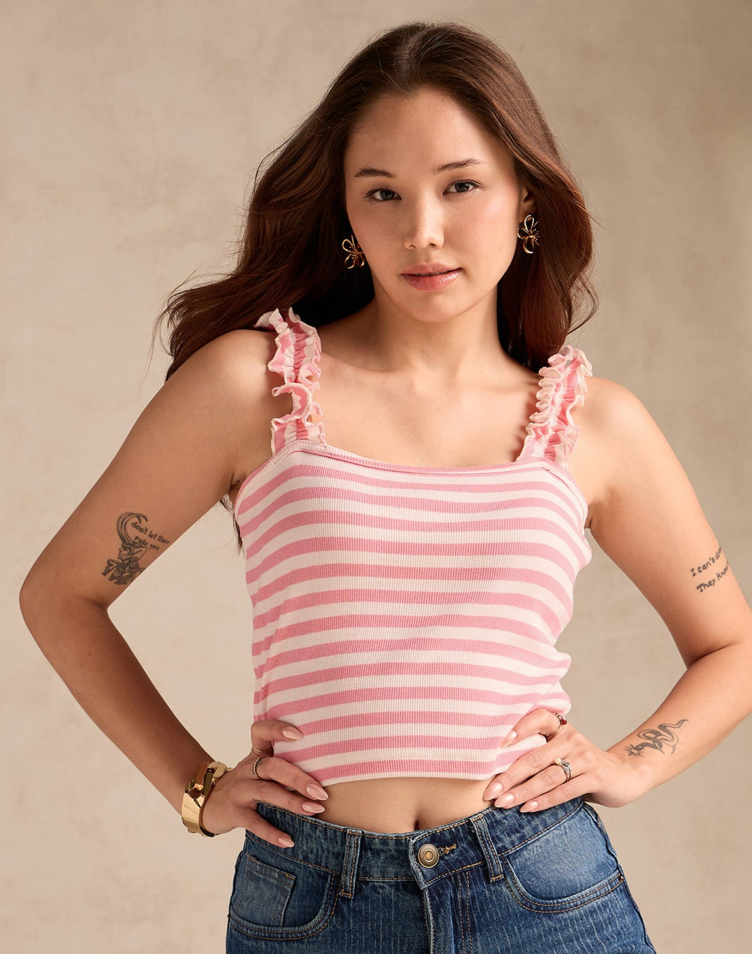 Pink Striped Rib Tank Top With Ruffle Straps