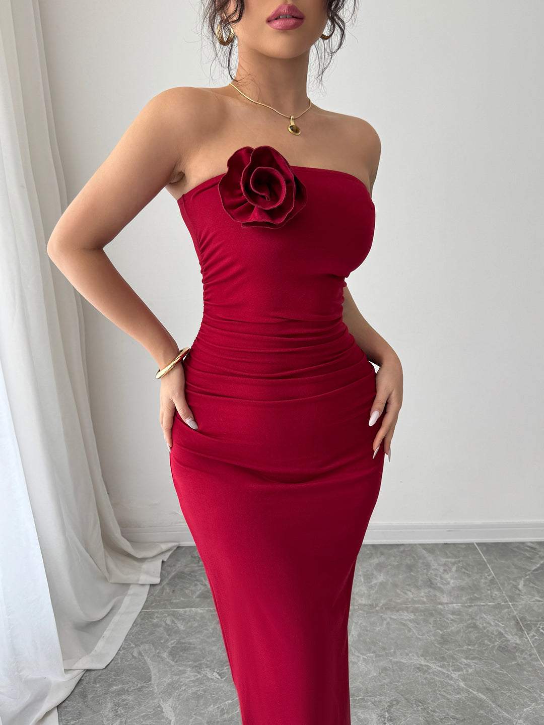 Red Strapless Flower Attached Dress