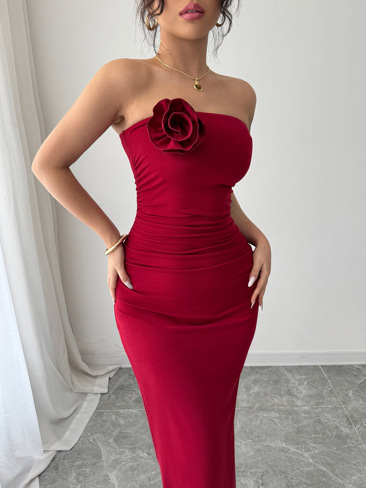 Red Strapless Flower Attached Dress