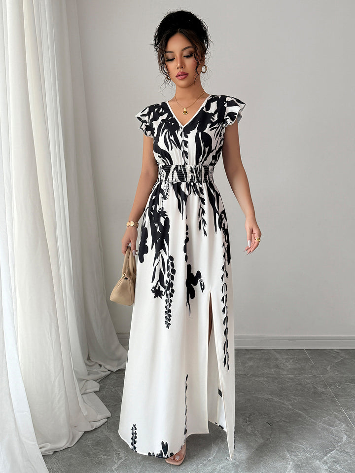 White V-Neck Ruffles Sleeved Maxi Dress
