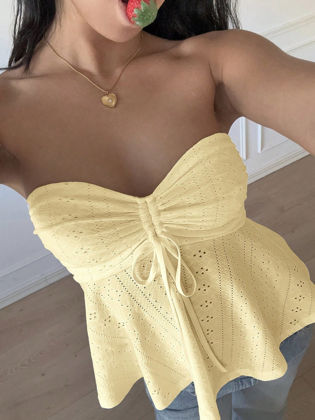 Yellow Strapless Textured Knit Front Ruched Top