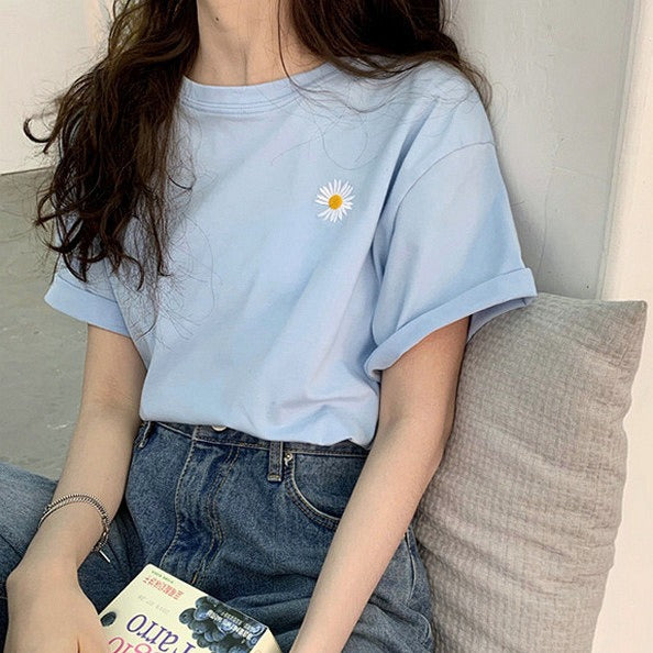 Blue Sunflower Motif T-Shirt