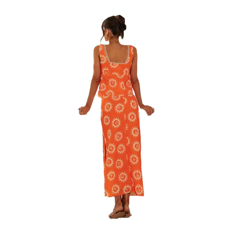 Orange Sleeveless Printed Top And Skirt Co-Ord Set