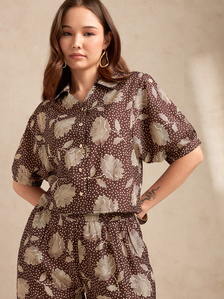 Brown All Over Printed Co-Ord Set With Puff Sleeves