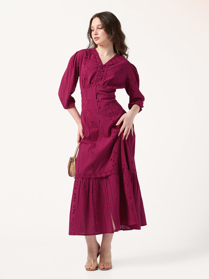 Fuchsia Pink V Neck Schiffli Dress