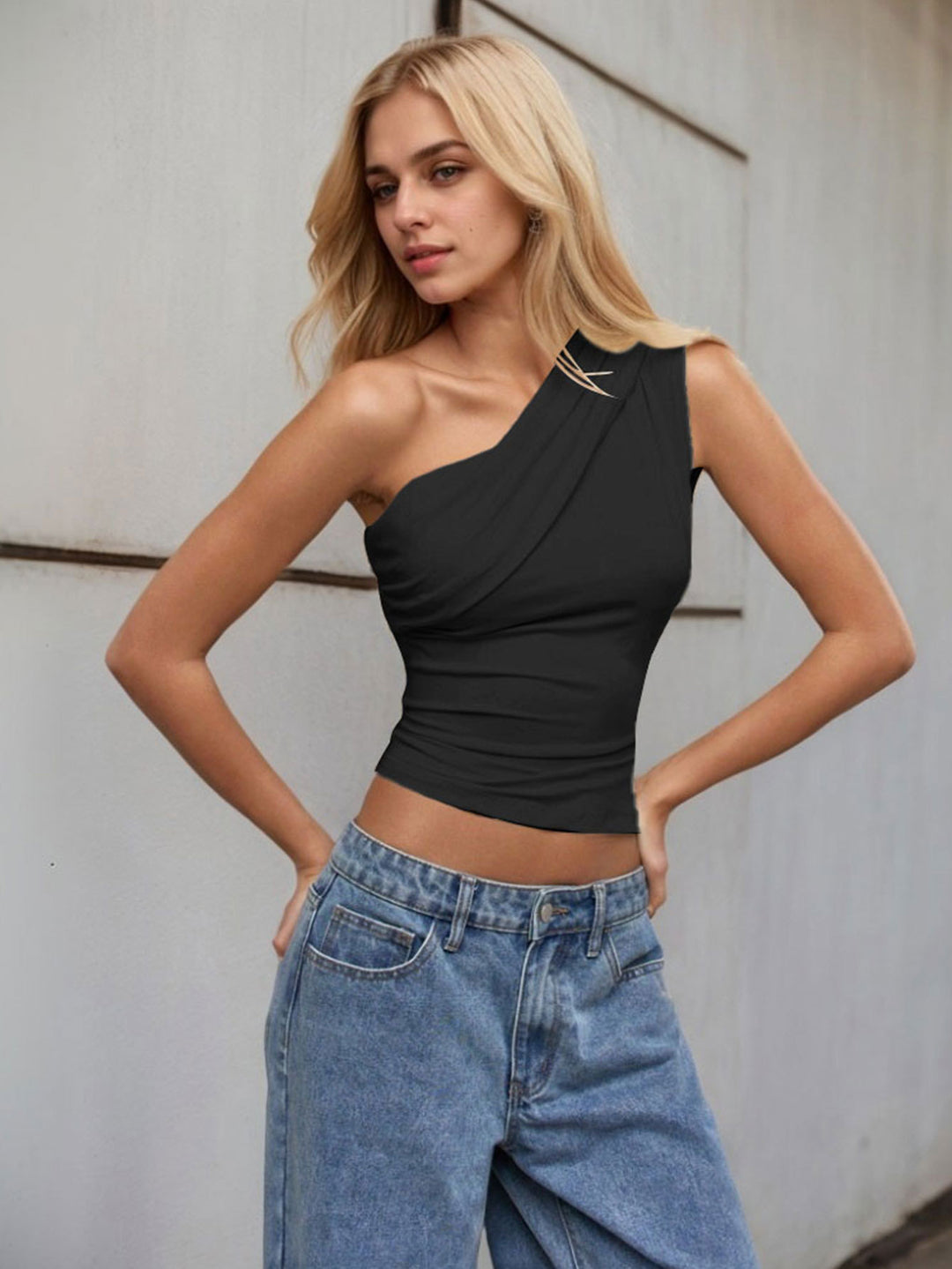 Black One Shoulder Asymmetrical Top