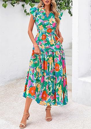 Sea Green Printed Flutter Sleeved Midi Dress