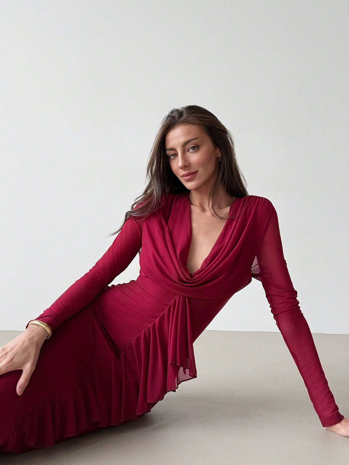 Maroon Full sleeve front ruffle v neck dress