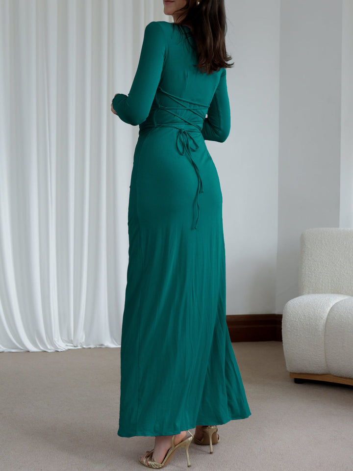 Green High Neck Side Ruched Dress