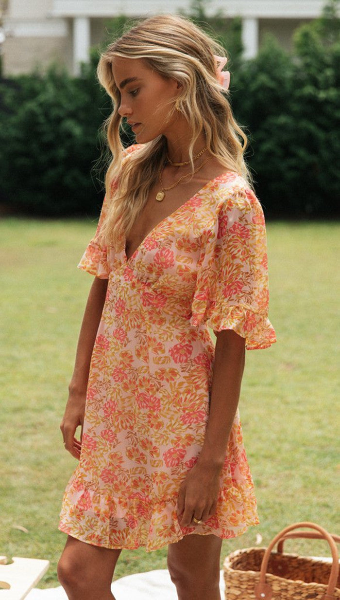 Orange Deep V Neck Printed Flutter Sleeves Dress