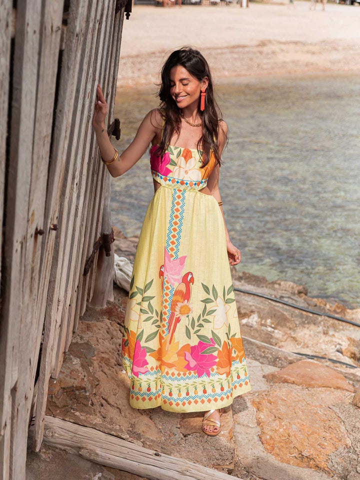 Yellow Shoulder Strap Waist Cut-Out Printed Dress