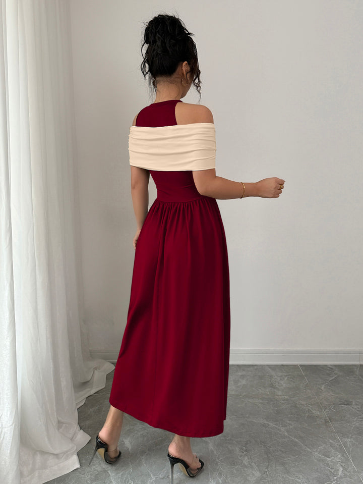 Maroon Twisted Contrast Off Shoulder Dress
