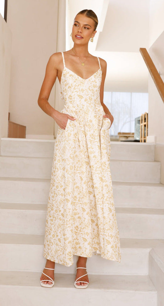 Yellow Printed Pointed Waistline Dress