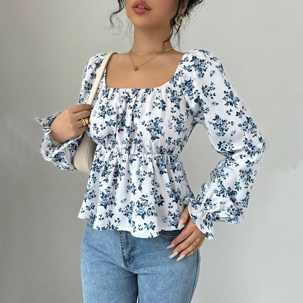 Blue Floral Printed Ruffle Top