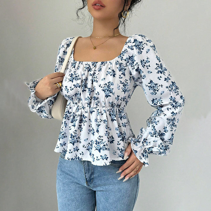 Blue Floral Printed Ruffle Top
