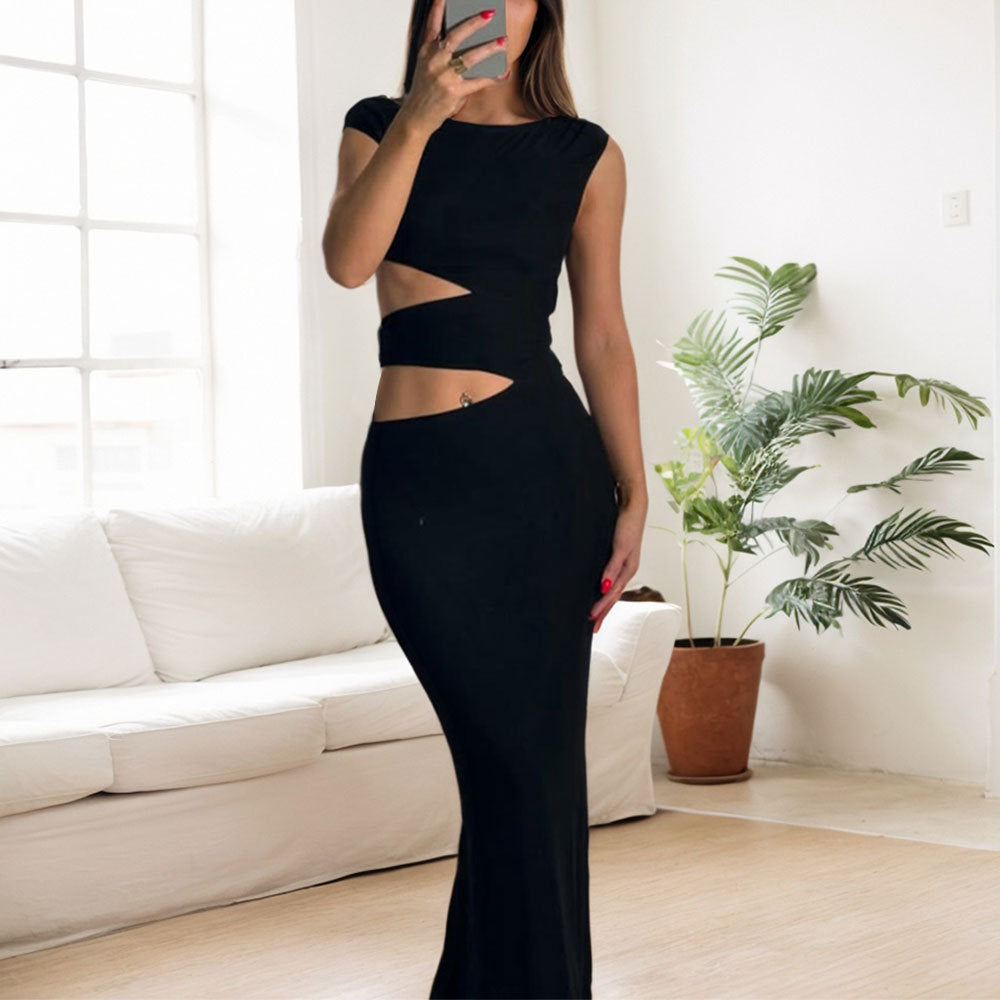 Black Cap Sleeve Waist Cut-Out Detail Dress