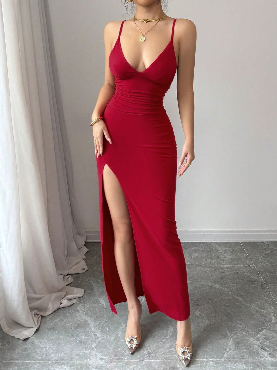 Red Shoulder Strap Slit Dress