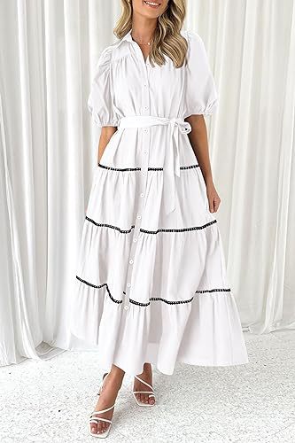 White Button Down Puff Sleeved Shirt Dress