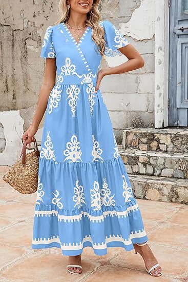 Light Blue Wrap Neck Contrast Coloured Printed Dress