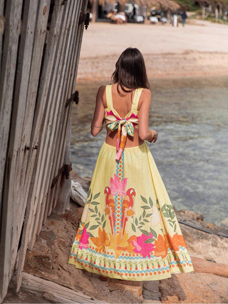 Yellow Shoulder Strap Waist Cut-Out Printed Dress