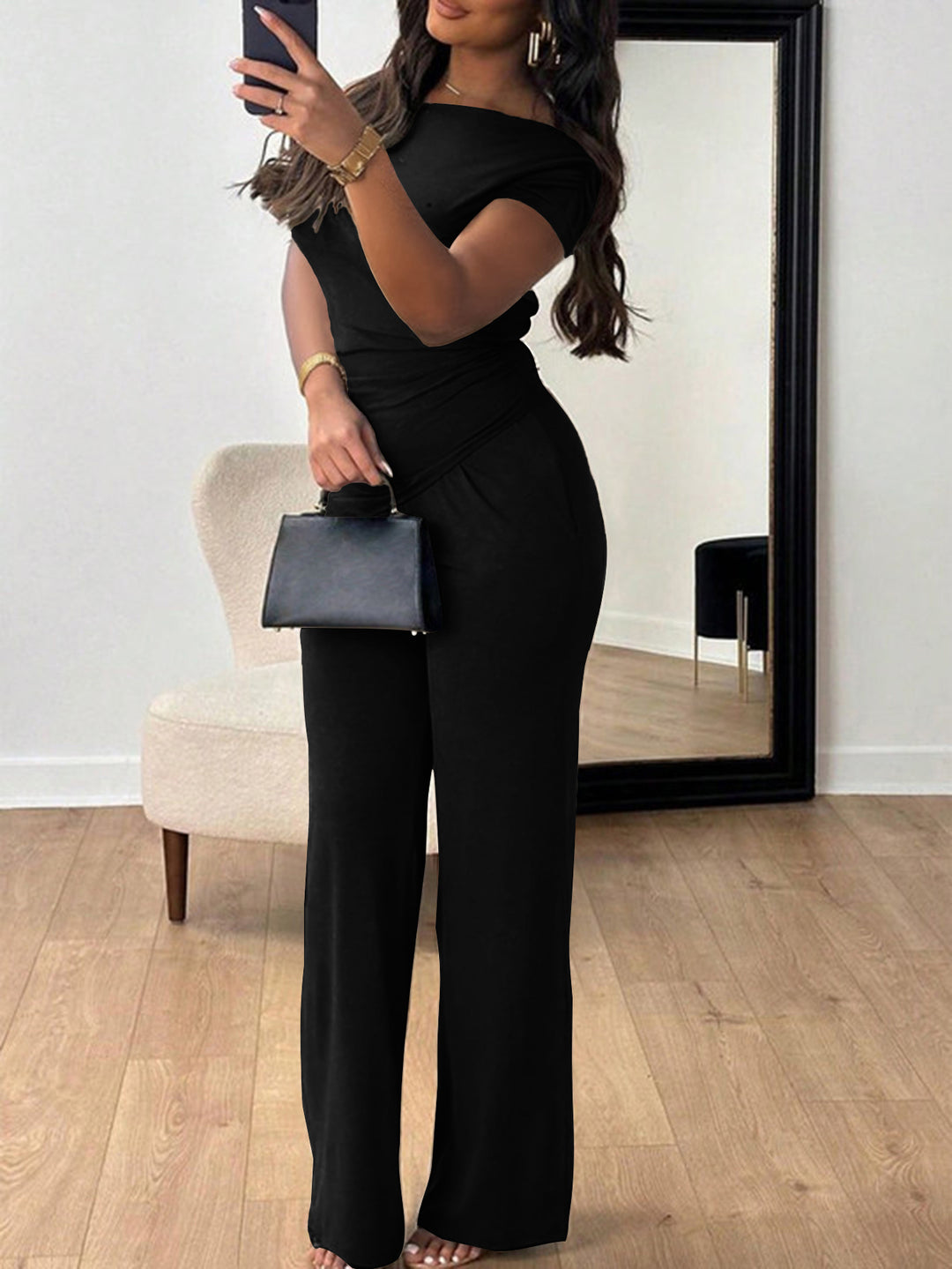 Black Off-Shoulder Top And Pant Co-Ord Set