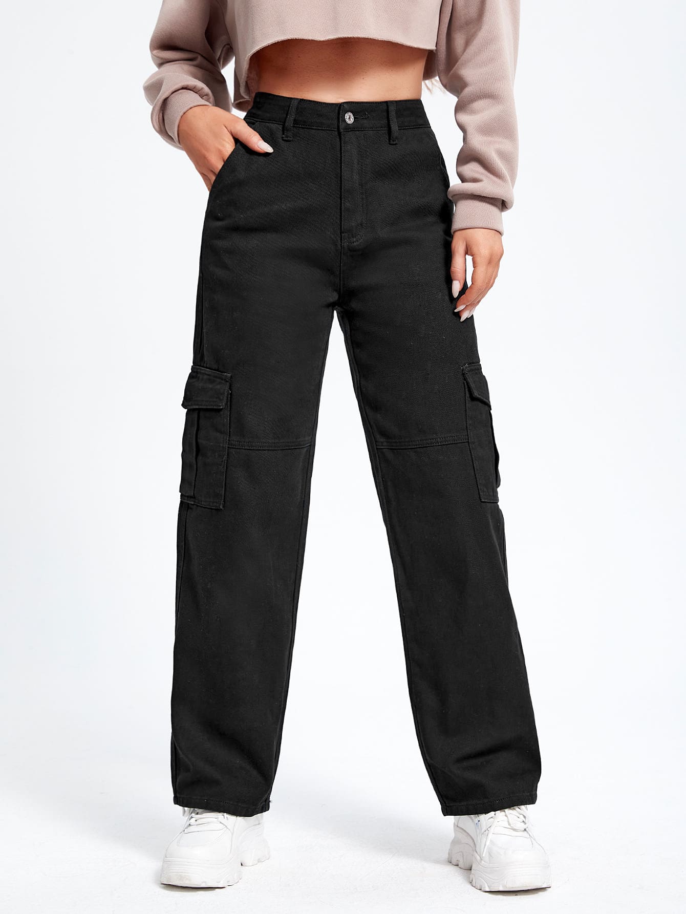 Black Cargo Pocket And Flap Pocket Detailed Jeans