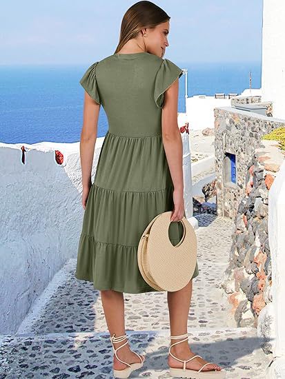 Olive High V Neck Tiered Dress With Pockets
