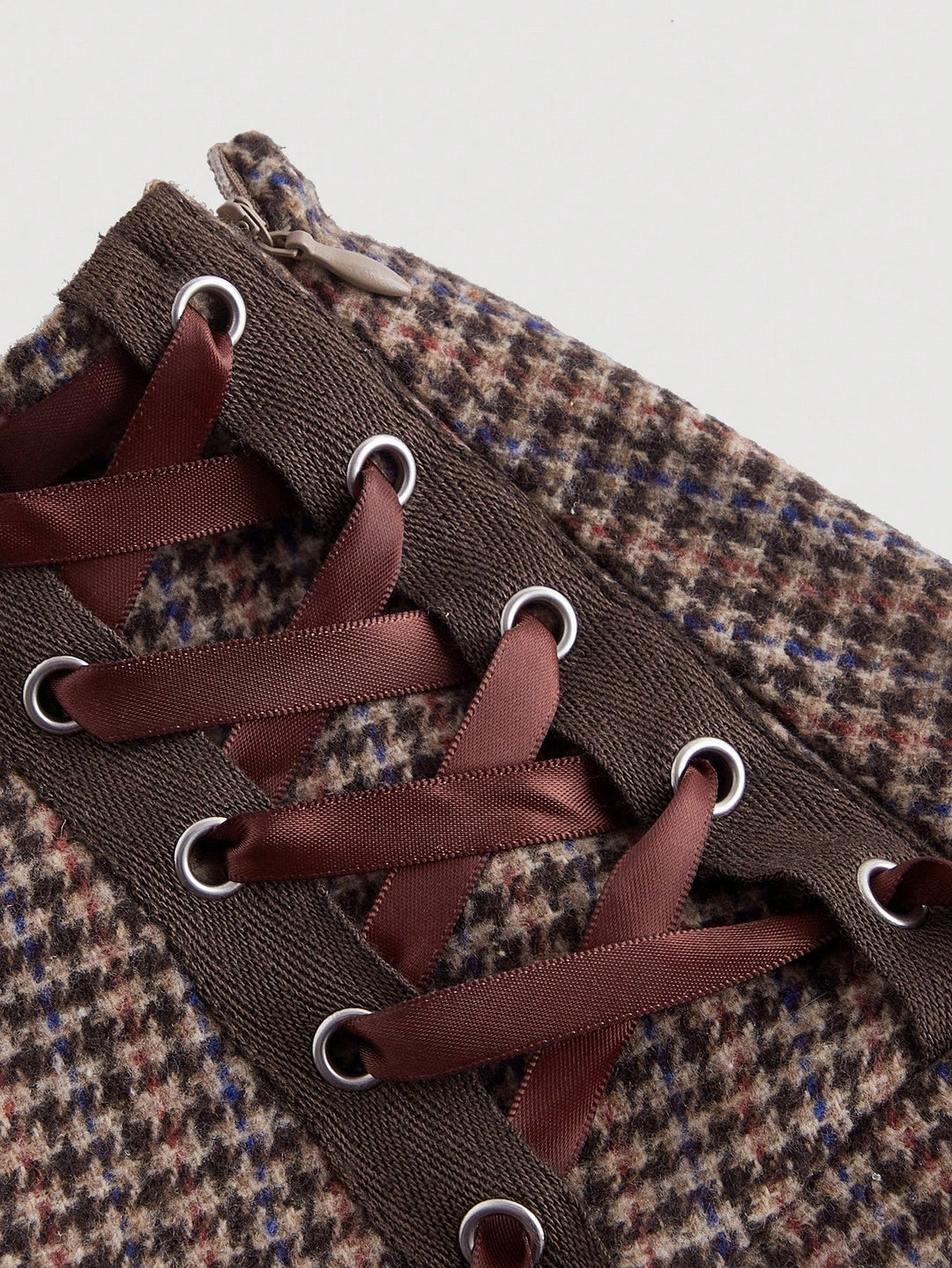 Burgundy Checkered Pleated Bow Detail Skirt